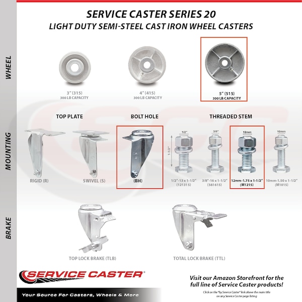 Service Caster Semi Steel Swivel TS Caster w/Roller Bearing-5" Wheel&12MM Stems-2 w/Brake, 4PK SCC-TS20S515-SSR-M1215-2-TLB-2 - main